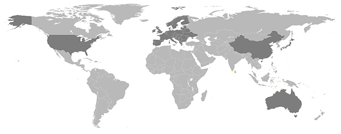 World map highlighting the Americas, Australia, China, Japan, and Europe